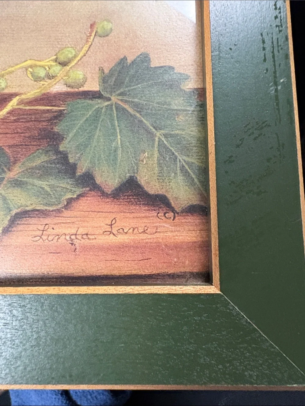 Framed Green-Bordered Basket of Grapes Wall Art signed